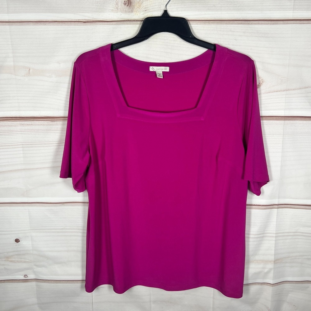 DressBarn Top Womens 2X Pink Square Neck Blouse Short Sleeve Knit Solid Stretch